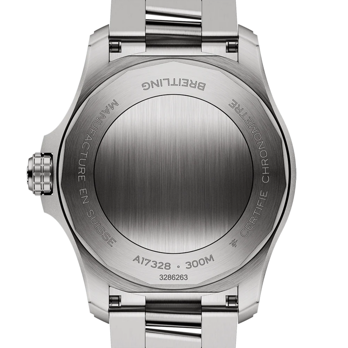Stainless steel Breitling watch back with engraved details and 300M water resistance