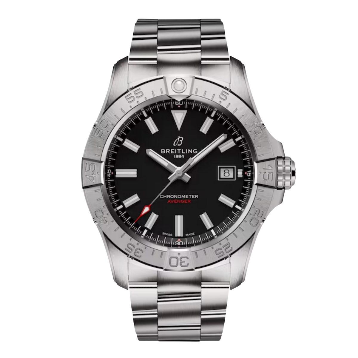Breitling Chronometer Avenger watch with black dial, stainless steel bracelet, and date display