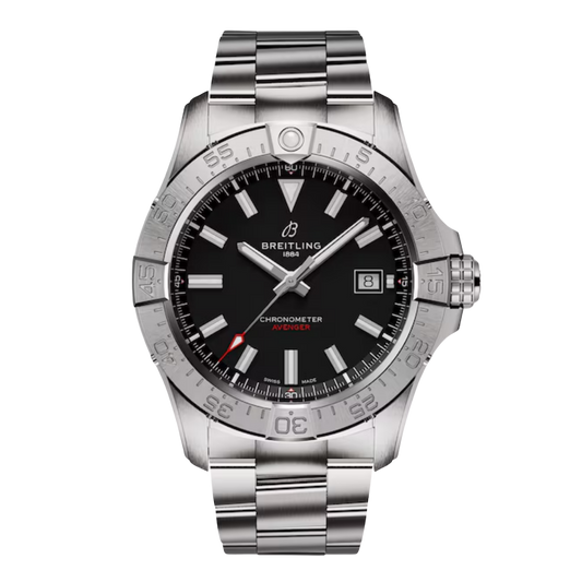 Breitling Chronometer Avenger watch with black dial, stainless steel bracelet, and date display
