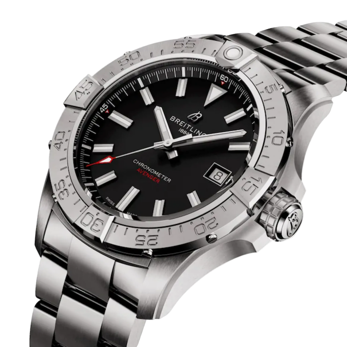 Breitling Avenger Chronometer watch with black dial and stainless steel bracelet