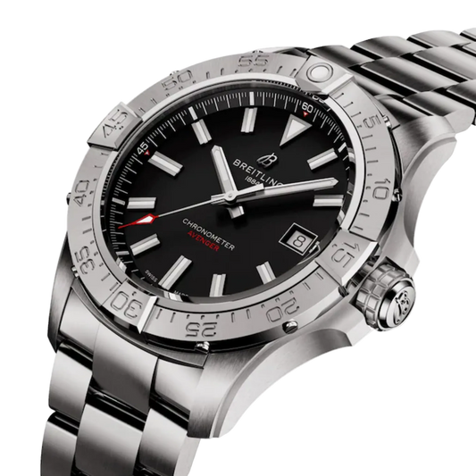 Breitling Avenger Chronometer watch with black dial and stainless steel bracelet