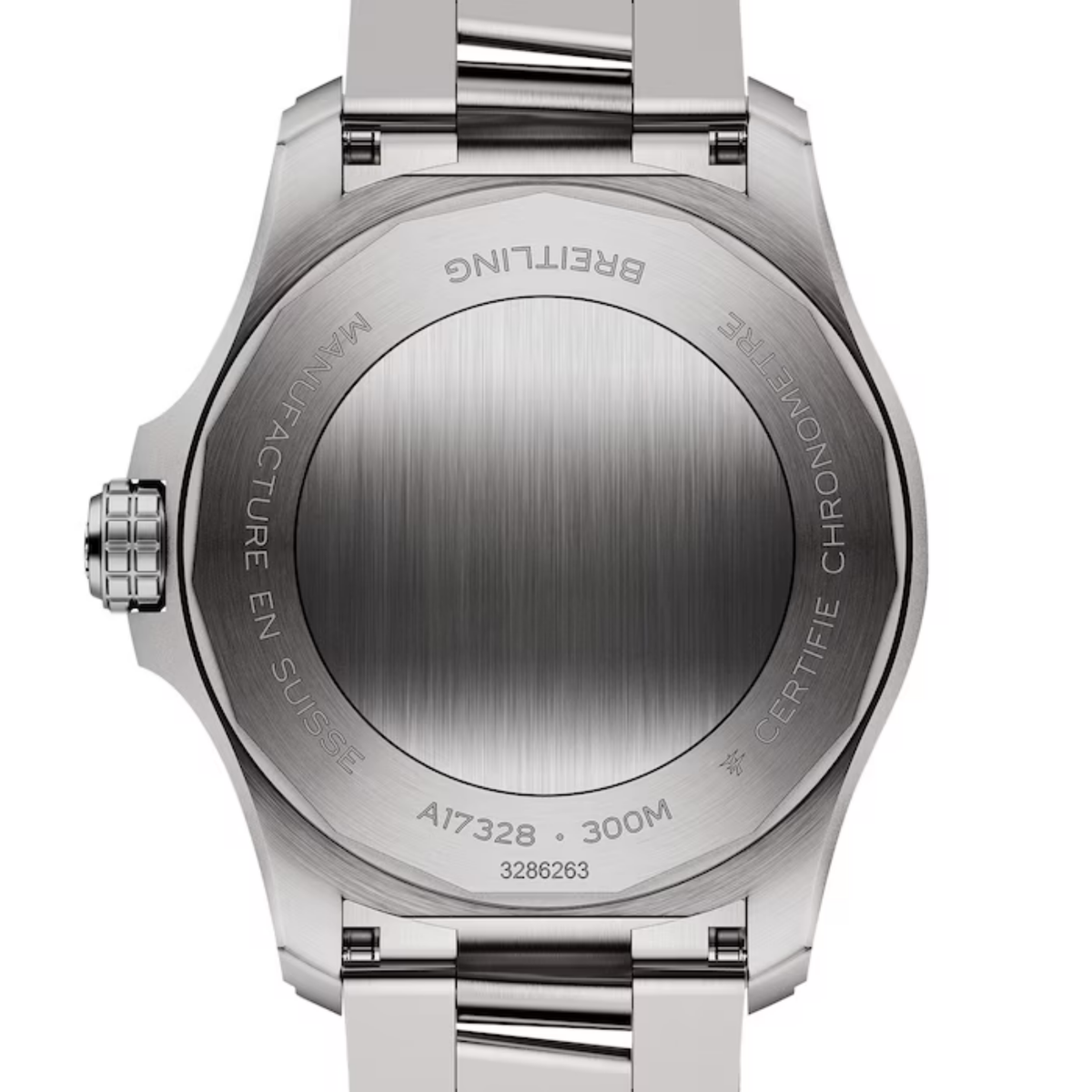 Breitling watch back with engraved details, Swiss-made, 300M water resistance, stainless steel design