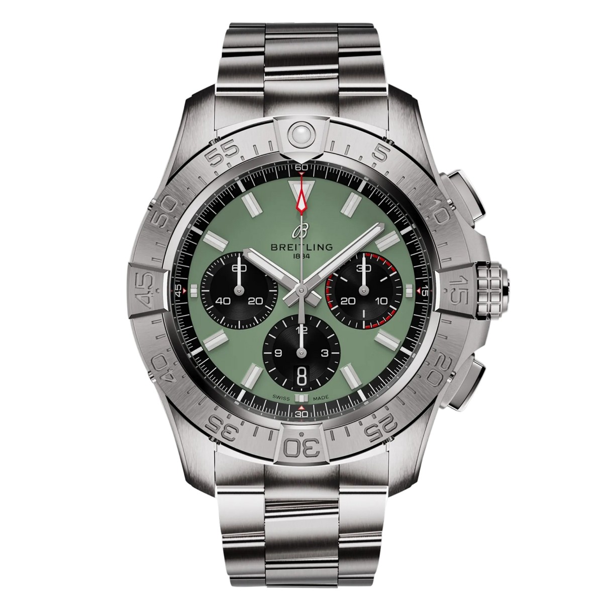 Green dial chronograph watch with stainless steel bracelet and tachymeter bezel