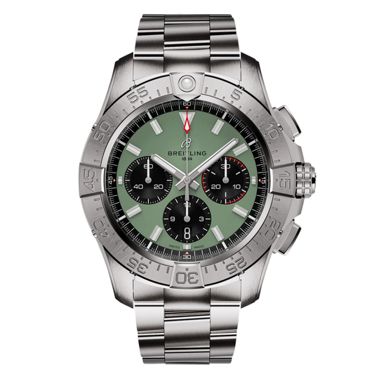 Green dial chronograph watch with stainless steel bracelet and tachymeter bezel