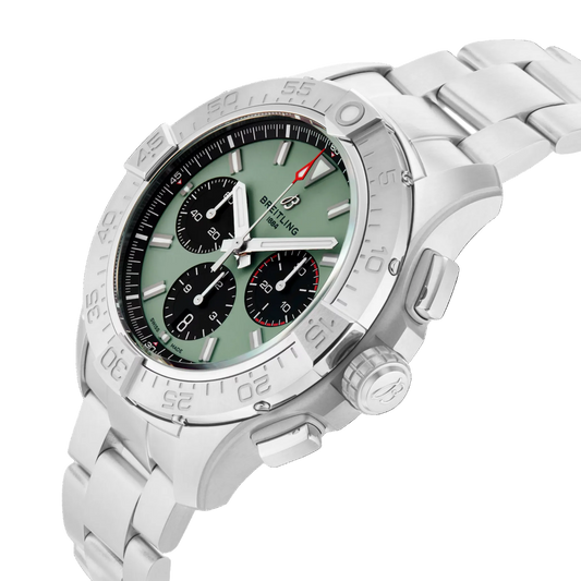 Stainless steel Breitling chronograph watch with green dial and black subdials