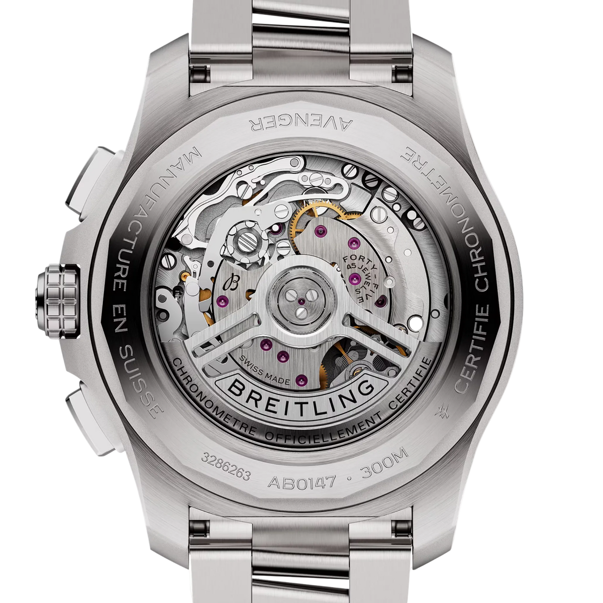 Breitling Avenger watch with visible Swiss-made automatic movement and 300M water resistance
