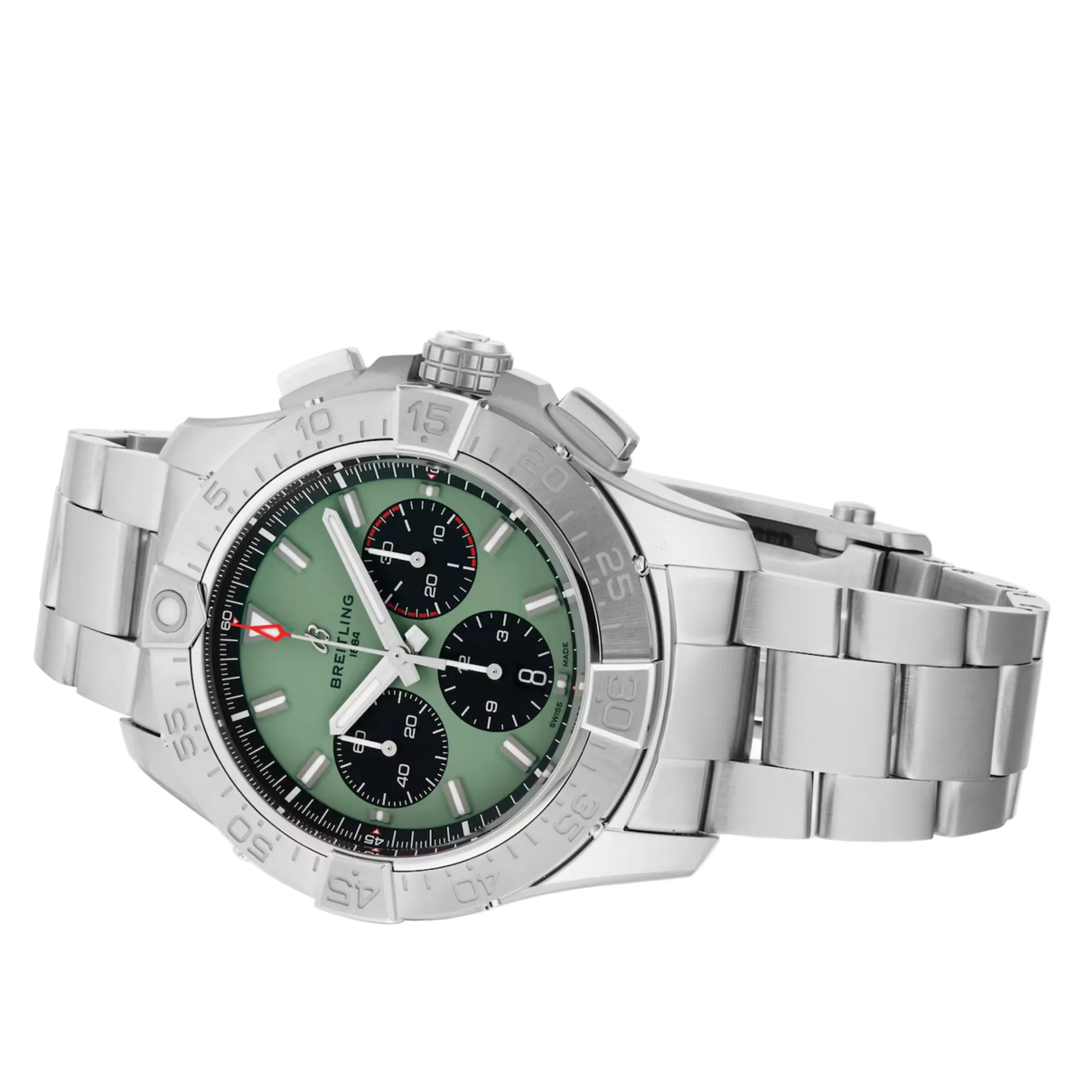 Stainless steel chronograph watch with green dial and black subdials