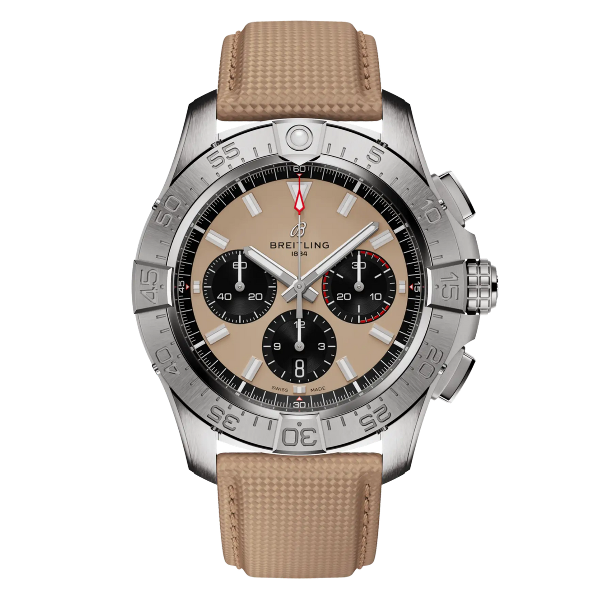 Luxury chronograph watch with beige dial, stainless steel case, and textured strap