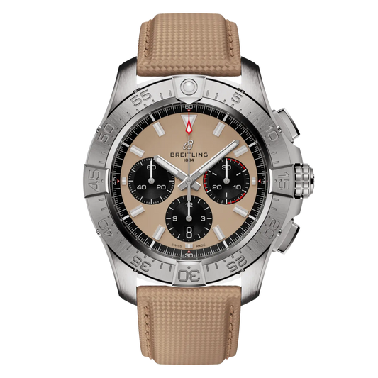 Luxury chronograph watch with beige dial, stainless steel case, and textured strap