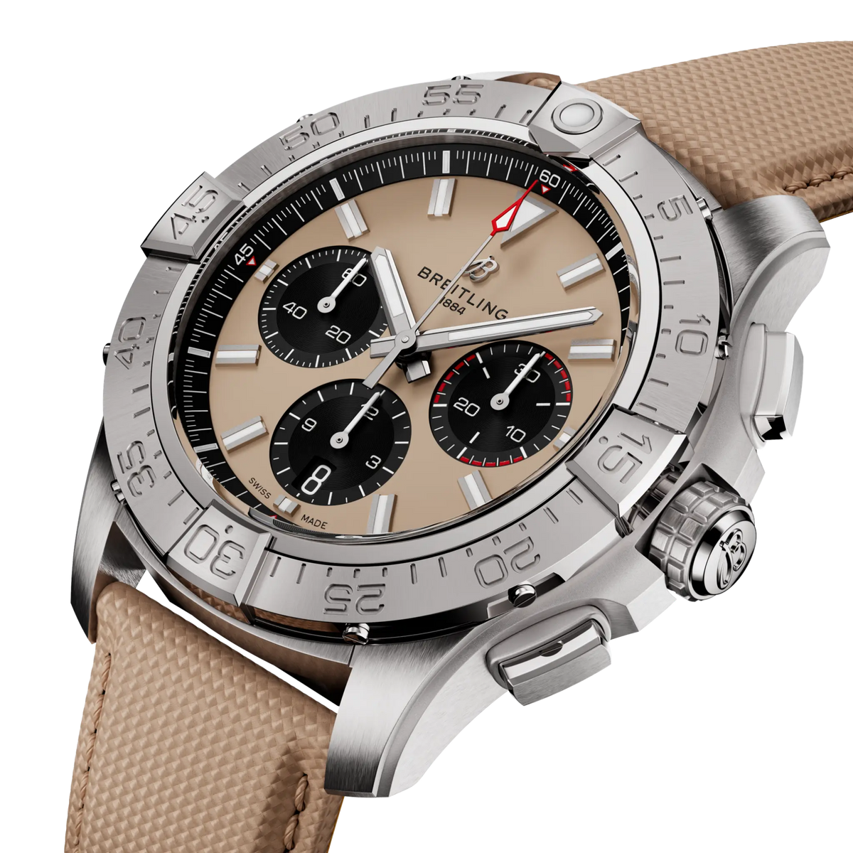 Luxury Breitling chronograph watch with beige dial, stainless steel case, and textured tan strap