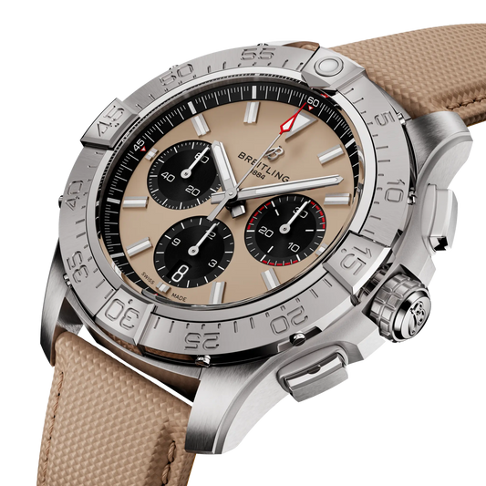 Luxury Breitling chronograph watch with beige dial, stainless steel case, and textured tan strap