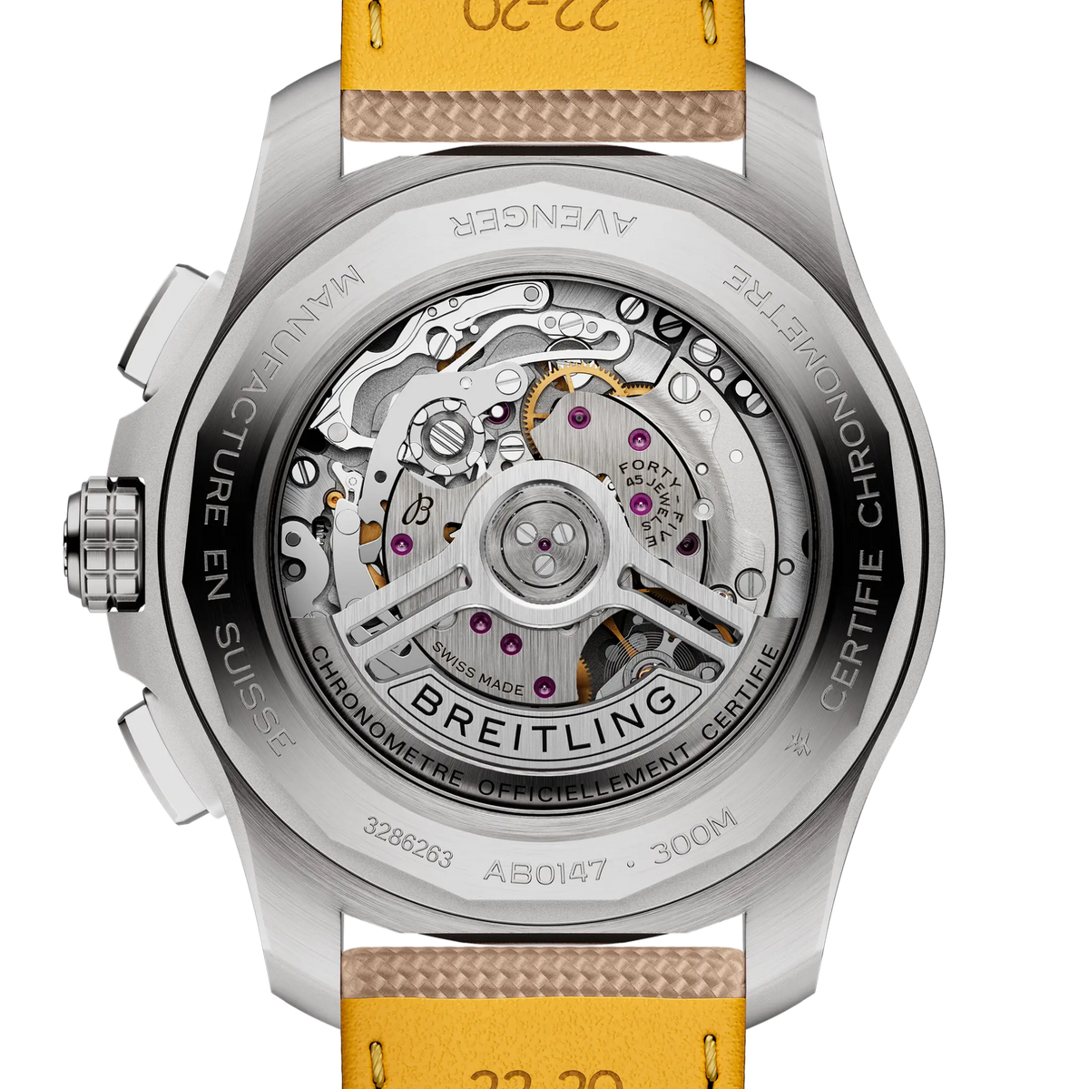 Luxury Swiss-made Breitling Avenger watch with visible mechanical movement and yellow strap
