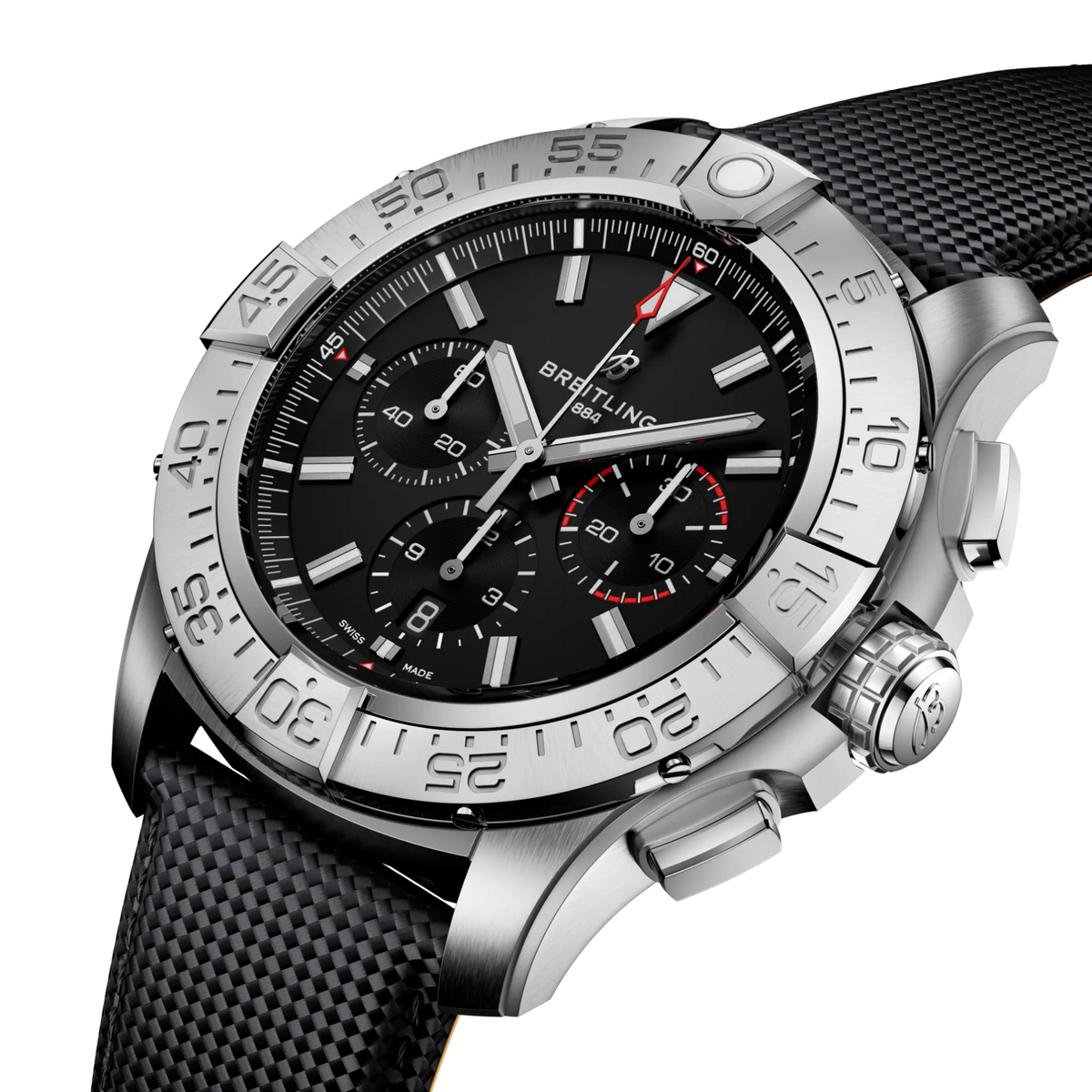 side view of Breitling Super Avenger B01 chronograph showing steel case pushers crown and steel bezel
