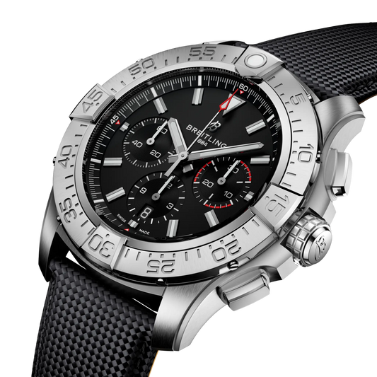 side view of Breitling Super Avenger B01 chronograph showing steel case pushers crown and steel bezel
