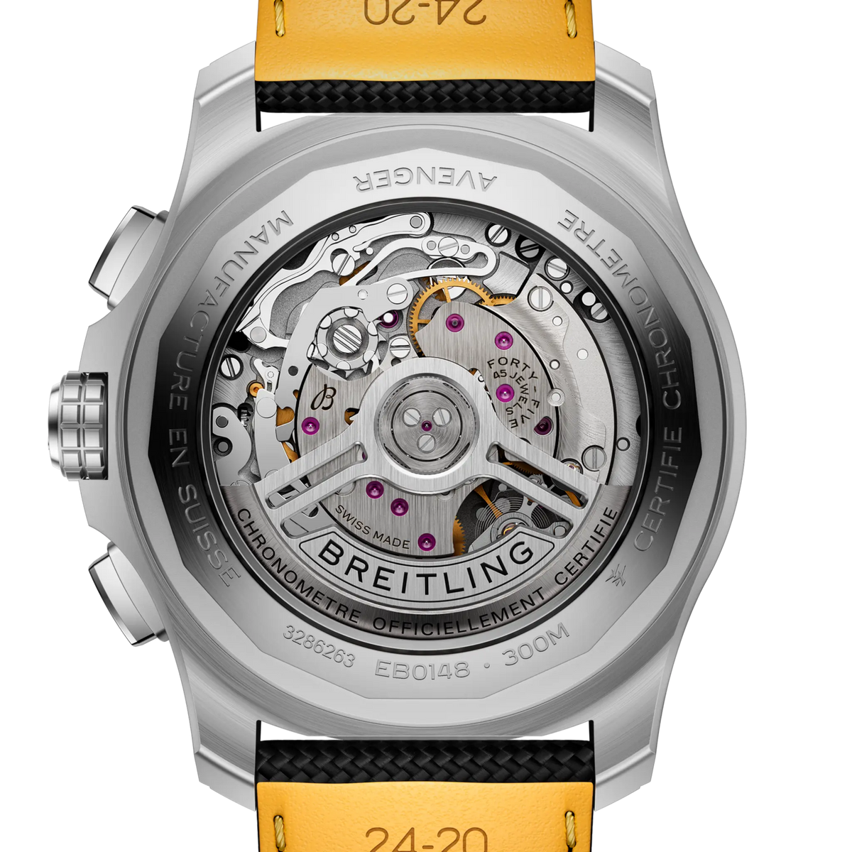 close up of Breitling Super Avenger B01 open skeleton case back 