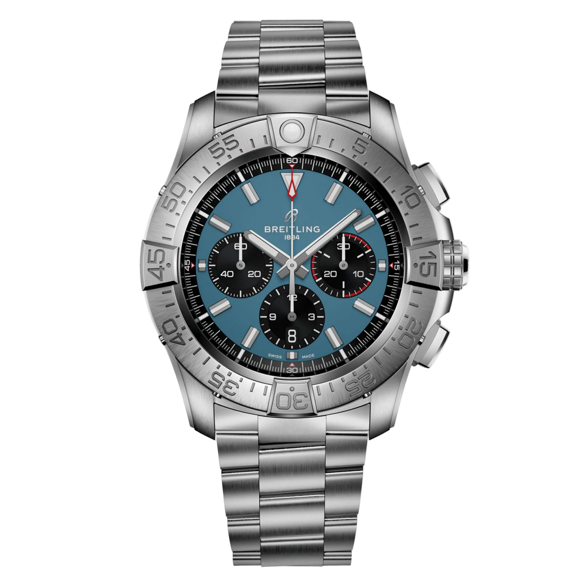 Luxury stainless steel chronograph watch with blue dial and subdials
