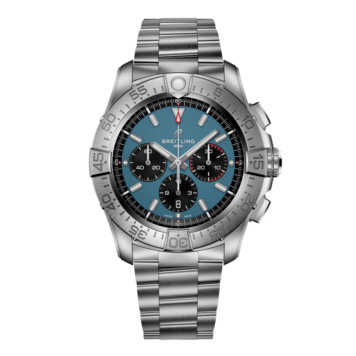 Luxury stainless steel chronograph watch with blue dial and subdials