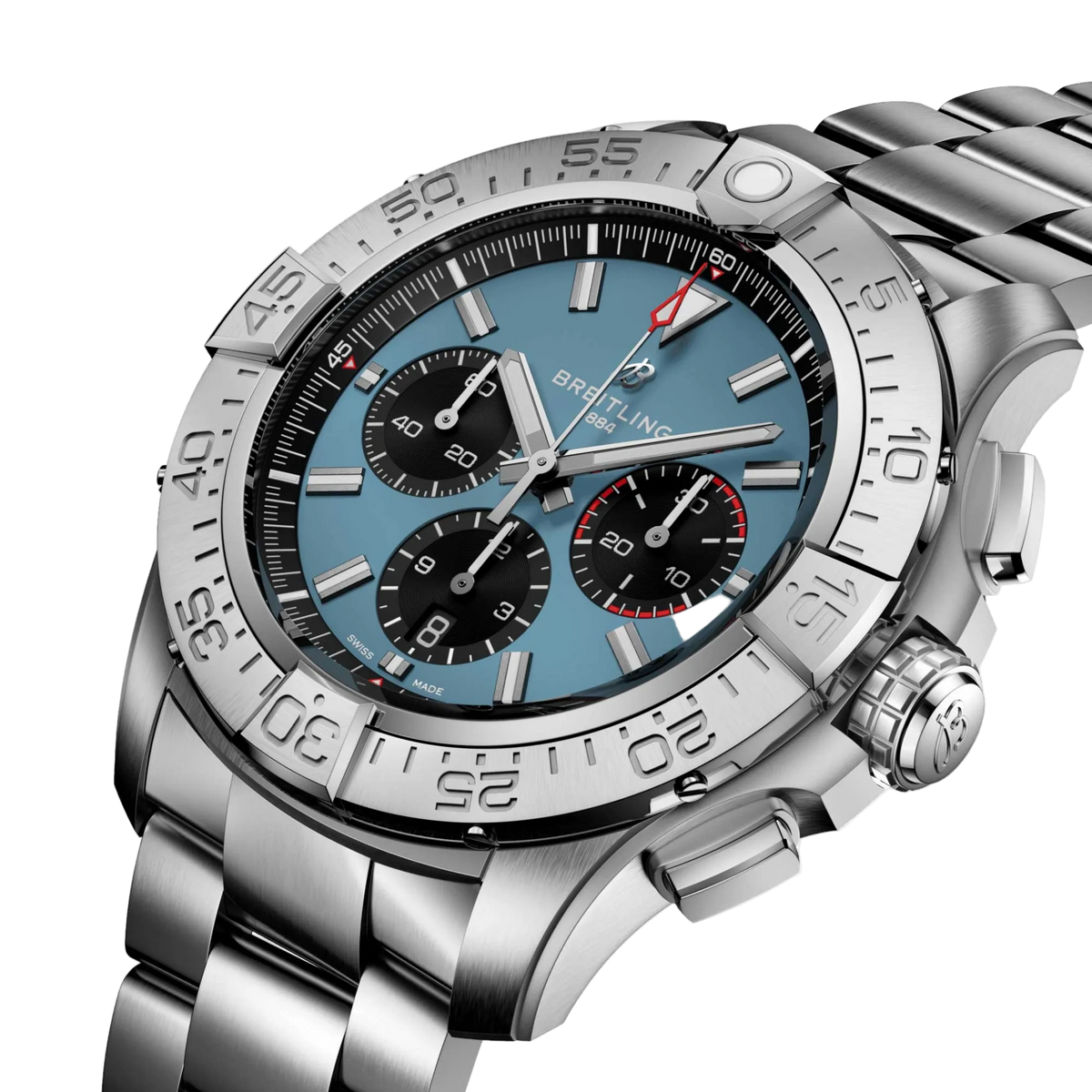 Luxury stainless steel chronograph watch with blue dial and black subdials