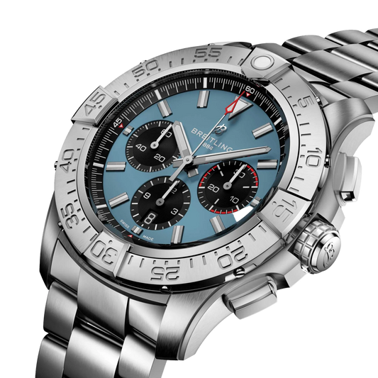 Luxury stainless steel chronograph watch with blue dial and black subdials