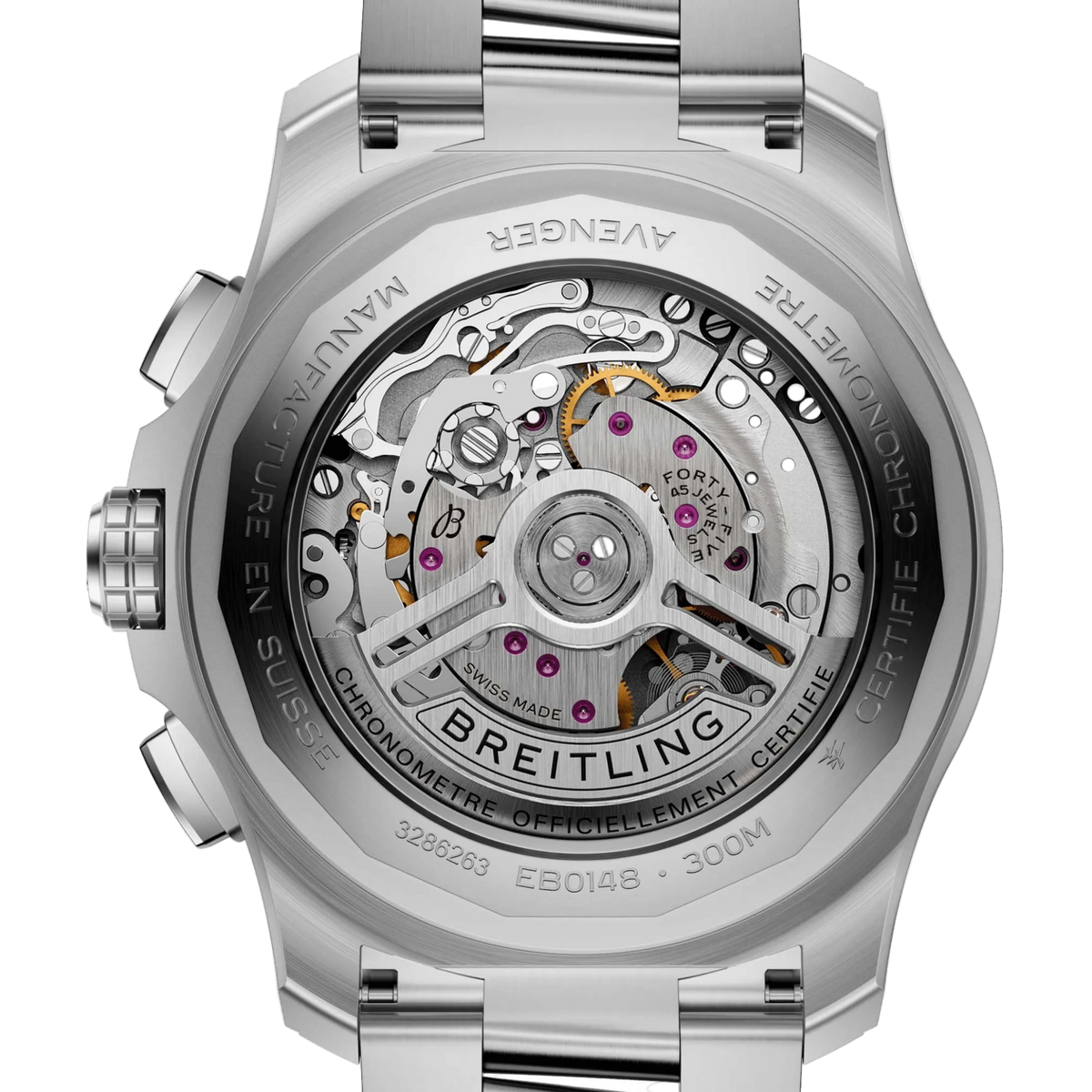 Breitling Avenger watch with visible Swiss-made mechanical movement and 300M water resistance