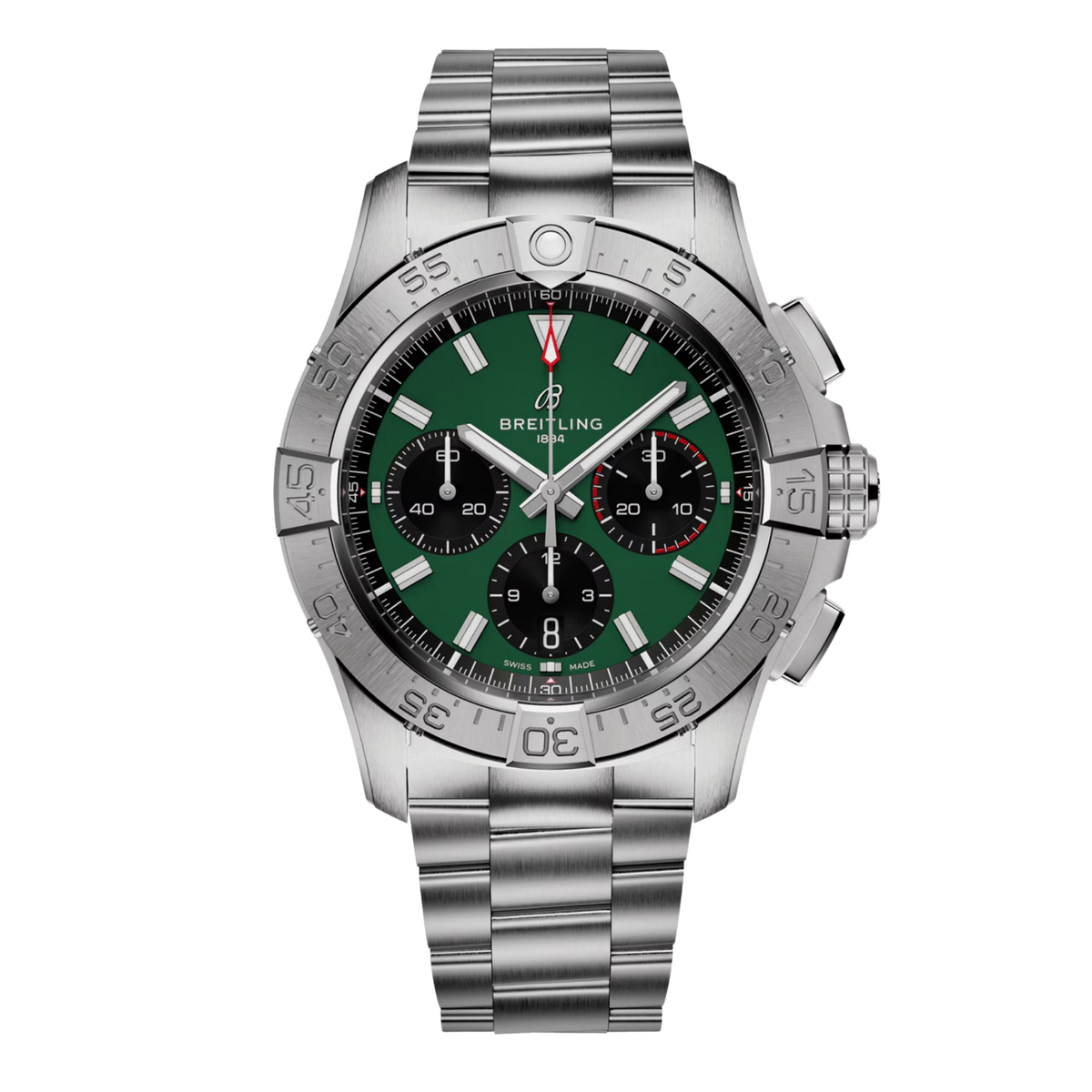 Green dial Breitling chronograph watch with stainless steel bracelet