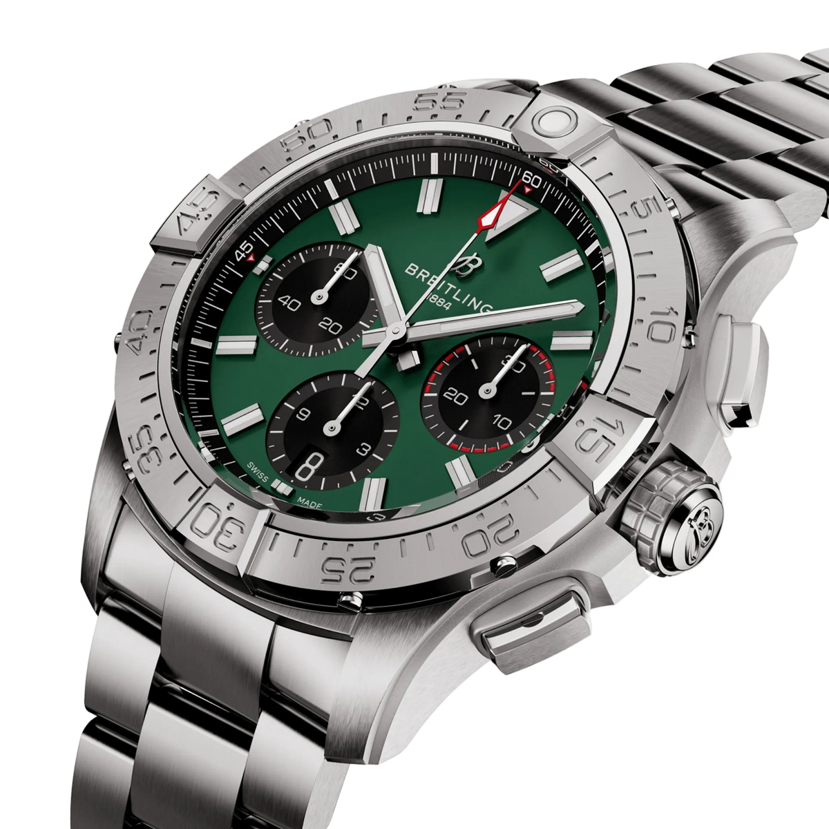 Green dial Breitling chronograph watch with stainless steel bracelet and tachymeter bezel