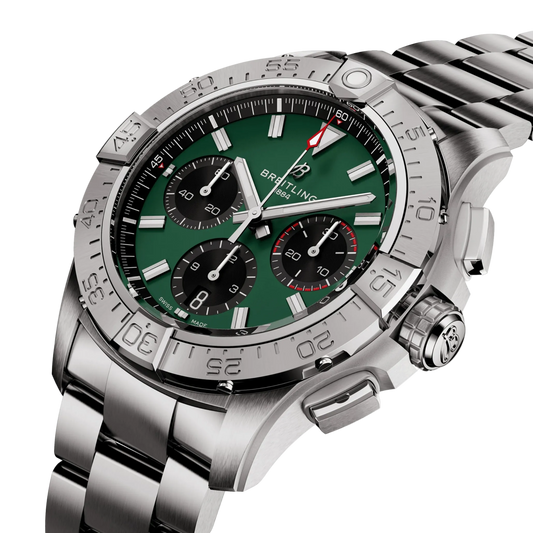 Green dial Breitling chronograph watch with stainless steel bracelet and tachymeter bezel