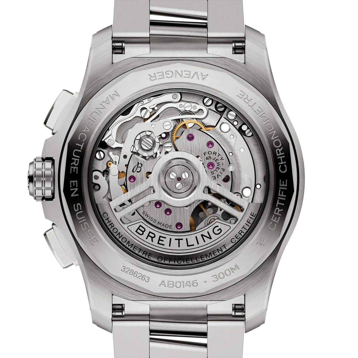 Breitling Avenger watch with visible Swiss-made automatic movement and 300M water resistance