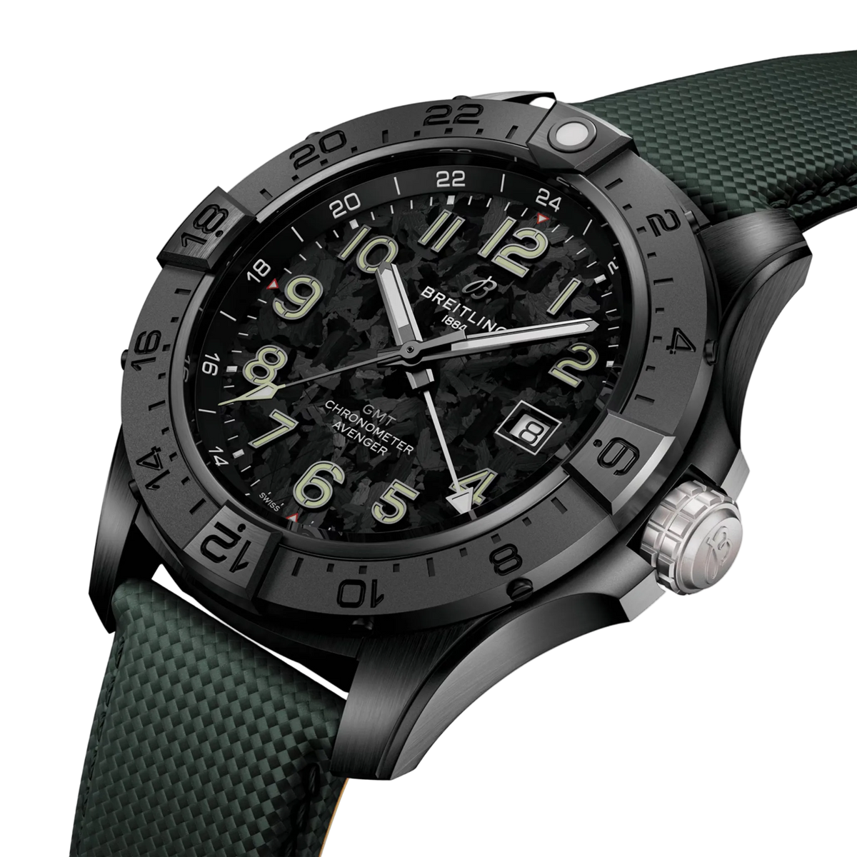 Luxury black dial Breitling Avenger GMT watch with green strap and carbon fiber texture