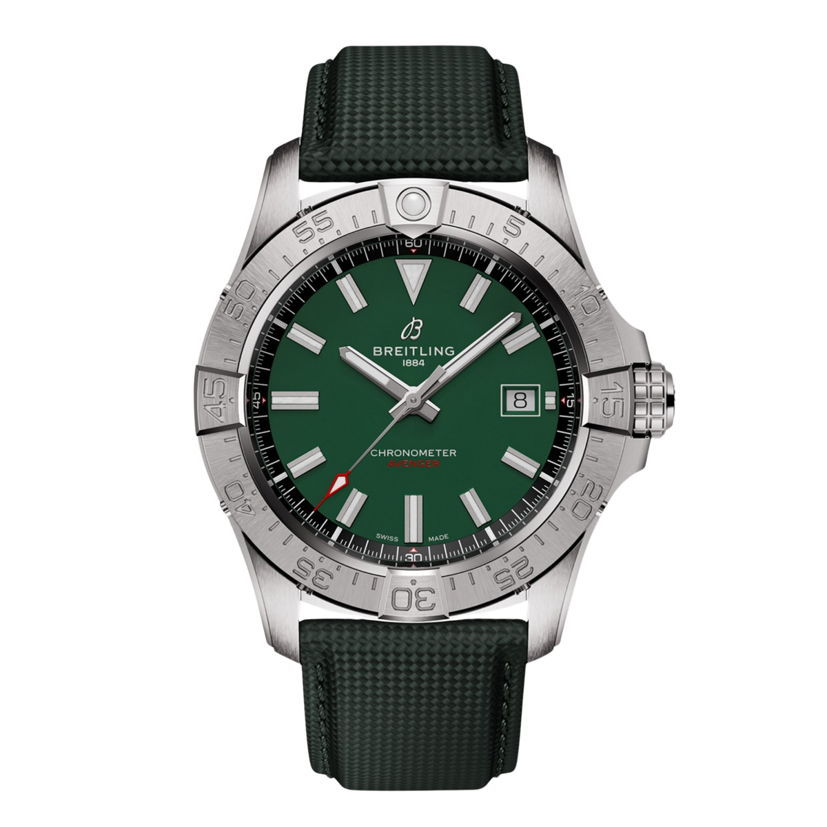 Green dial Breitling Avenger chronometer watch with textured strap