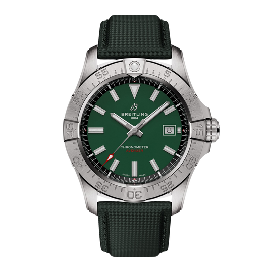 Green dial Breitling Avenger chronometer watch with textured strap