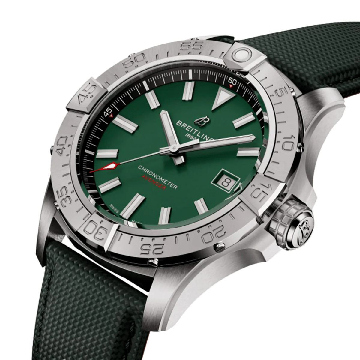 Green dial Breitling Chronometer watch with textured strap and stainless steel bezel