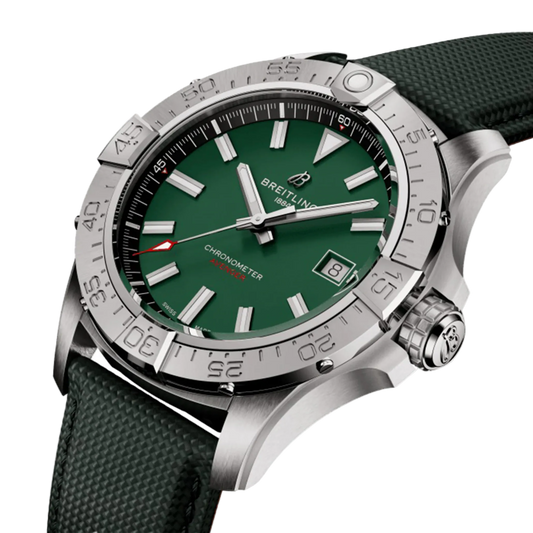 Green dial Breitling Chronometer watch with textured strap and stainless steel bezel