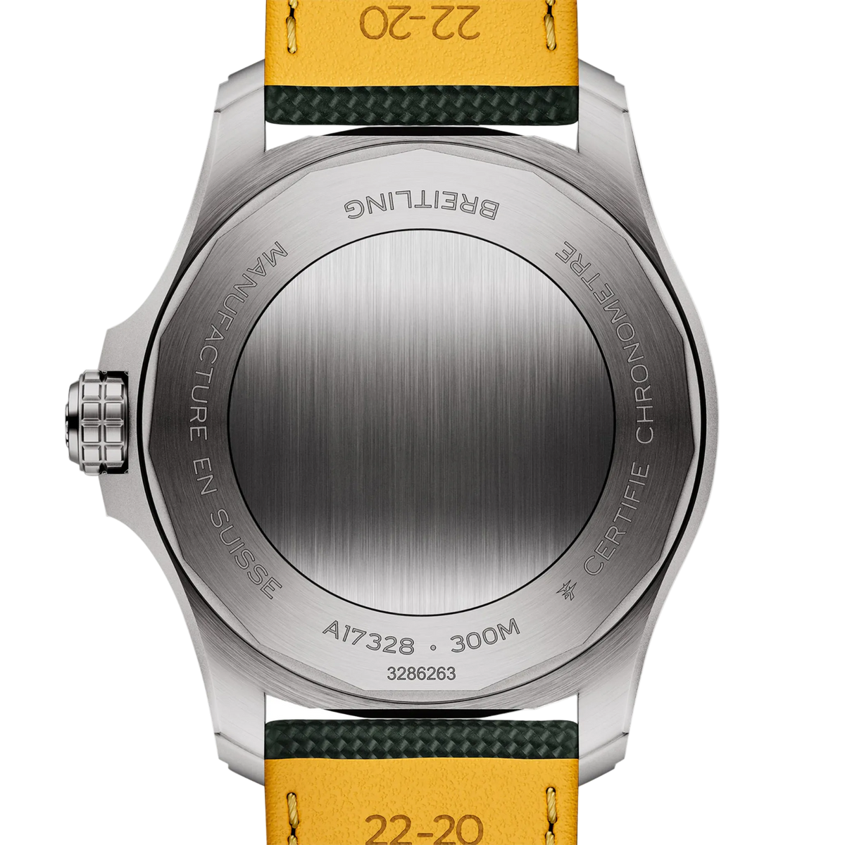 Stainless steel watch back with engraved details and yellow-green strap, showcasing Swiss craftsmanship.