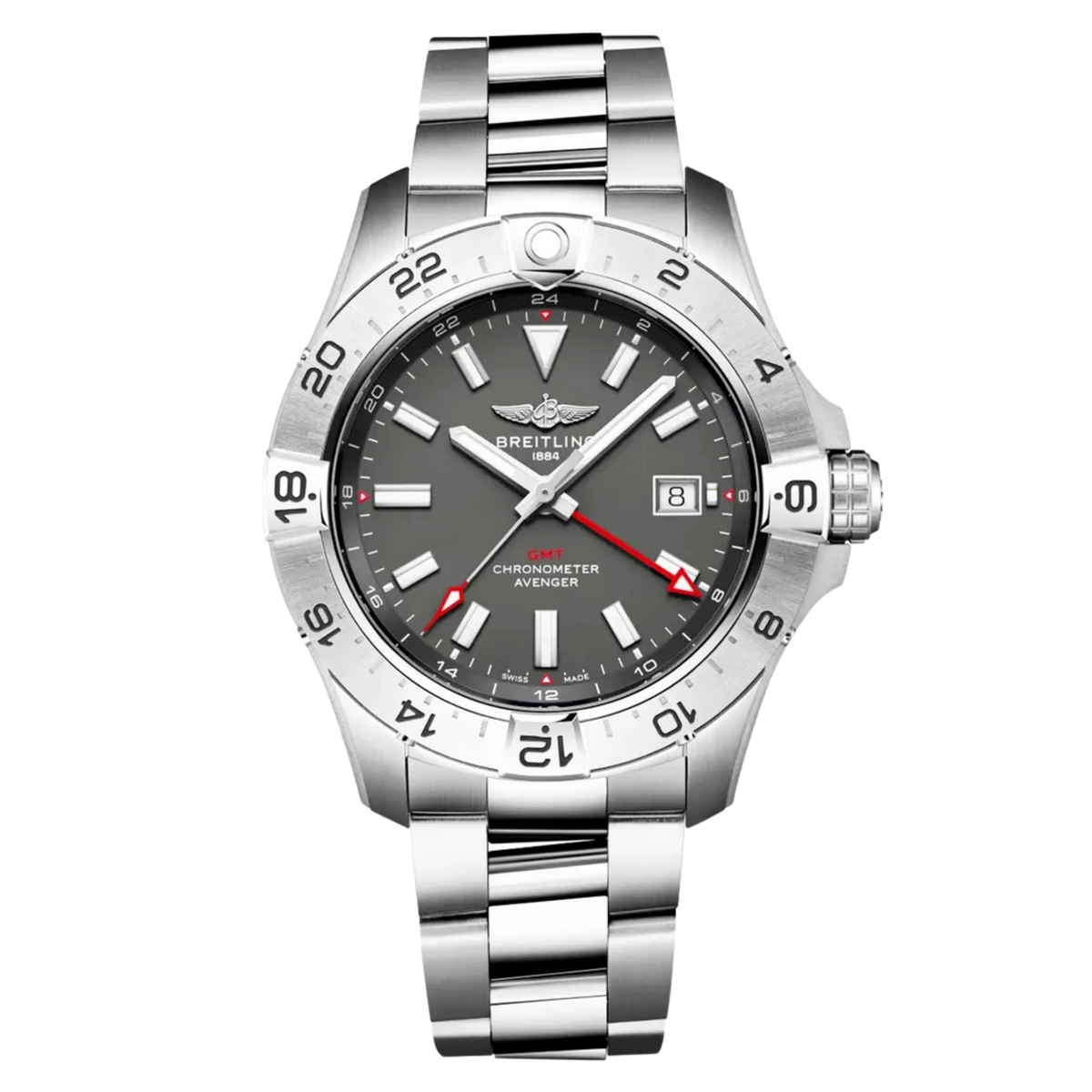 Breitling Avenger Automatic GMT 44 Wings watch, featuring an anthracite grey dial, stainless steel bracelet and Swiss automatic GMT movement.