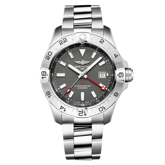 Breitling Avenger Automatic GMT 44 Wings watch, featuring an anthracite grey dial, stainless steel bracelet and Swiss automatic GMT movement.