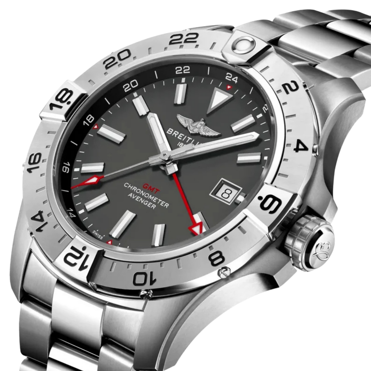 Breitling Avenger Automatic GMT 44 Wings watch featuring a distinctive anthracite grey dial, robust 44mm stainless steel case and Swiss automatic GMT movement, completed with a stainless steel bracelet.