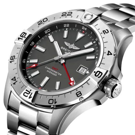 Breitling Avenger Automatic GMT 44 Wings watch featuring a distinctive anthracite grey dial, robust 44mm stainless steel case and Swiss automatic GMT movement, completed with a stainless steel bracelet.