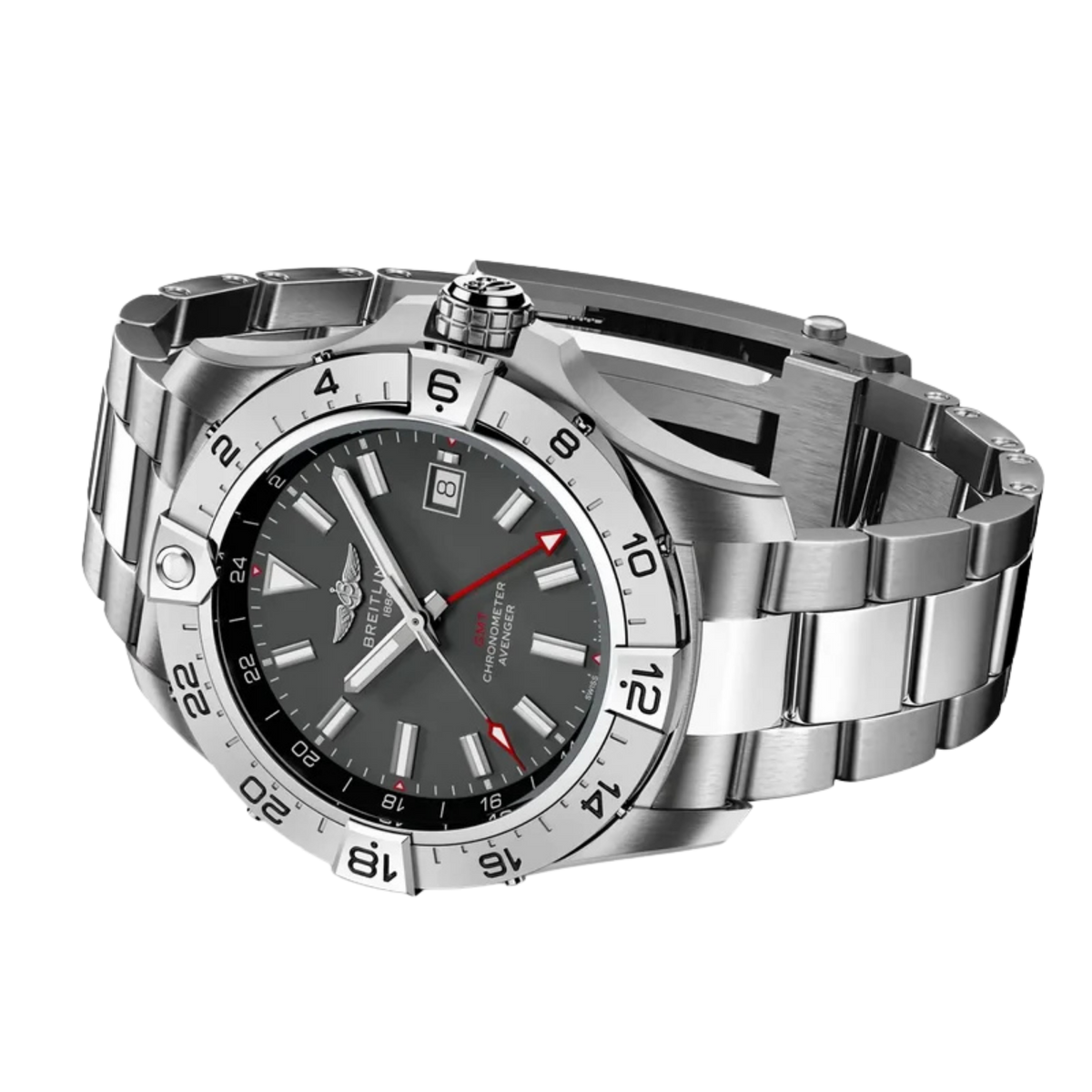 Housed within a robust 44mm stainless steel case, the watch showcases a sophisticated anthracite grey dial with luminous hands and applied index hour markers for excellent readability.