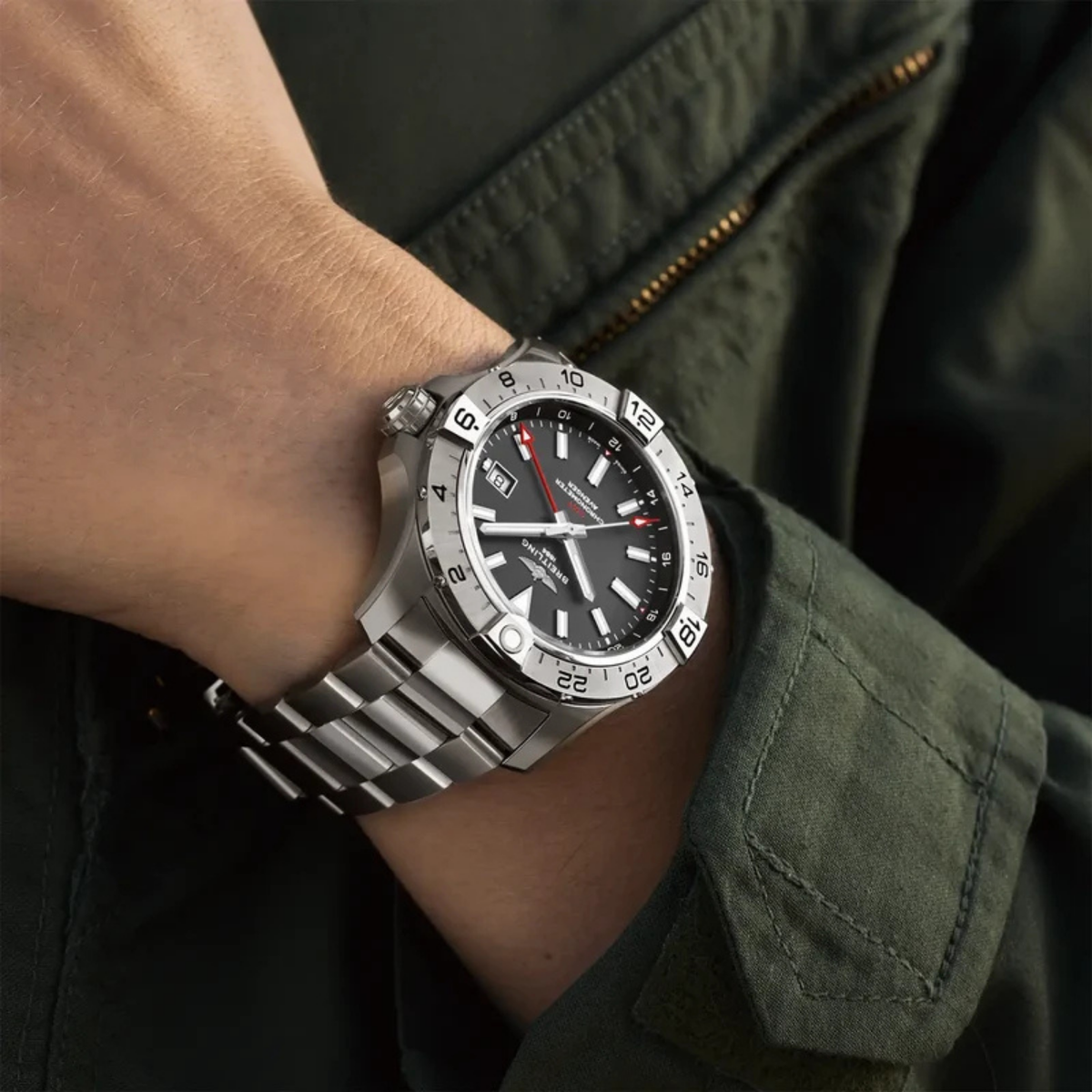 Breitling Avenger Automatic GMT 44 Wings Collection on a model 