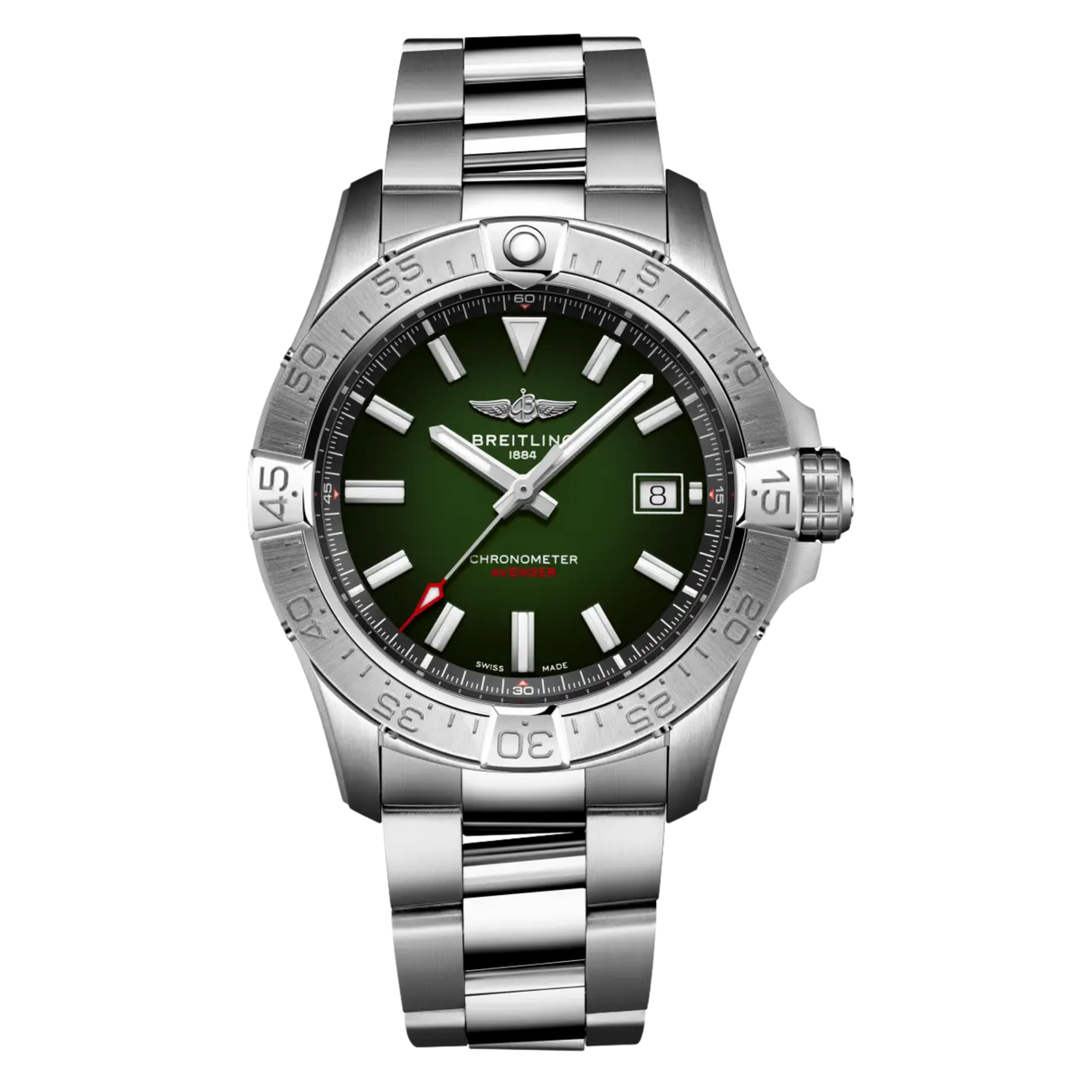 Breitling Avenger Automatic 42 Wings Green Dial Watch, featuring a stainless steel bracelet, Swiss automatic movement and 300m water resistance.
