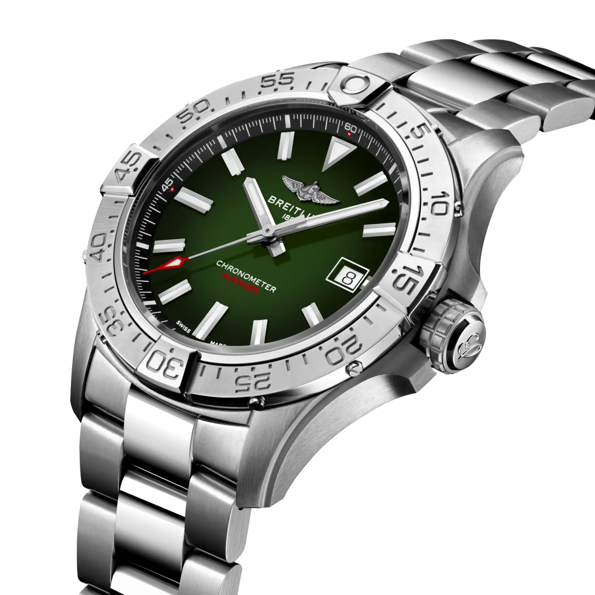 Breitling Avenger Automatic 42 Wings Capsule watch featuring a striking green gradient dial, robust 42mm stainless steel case and three-row bracelet, powered by the COSC-certified Breitling Calibre 17 automatic movement.