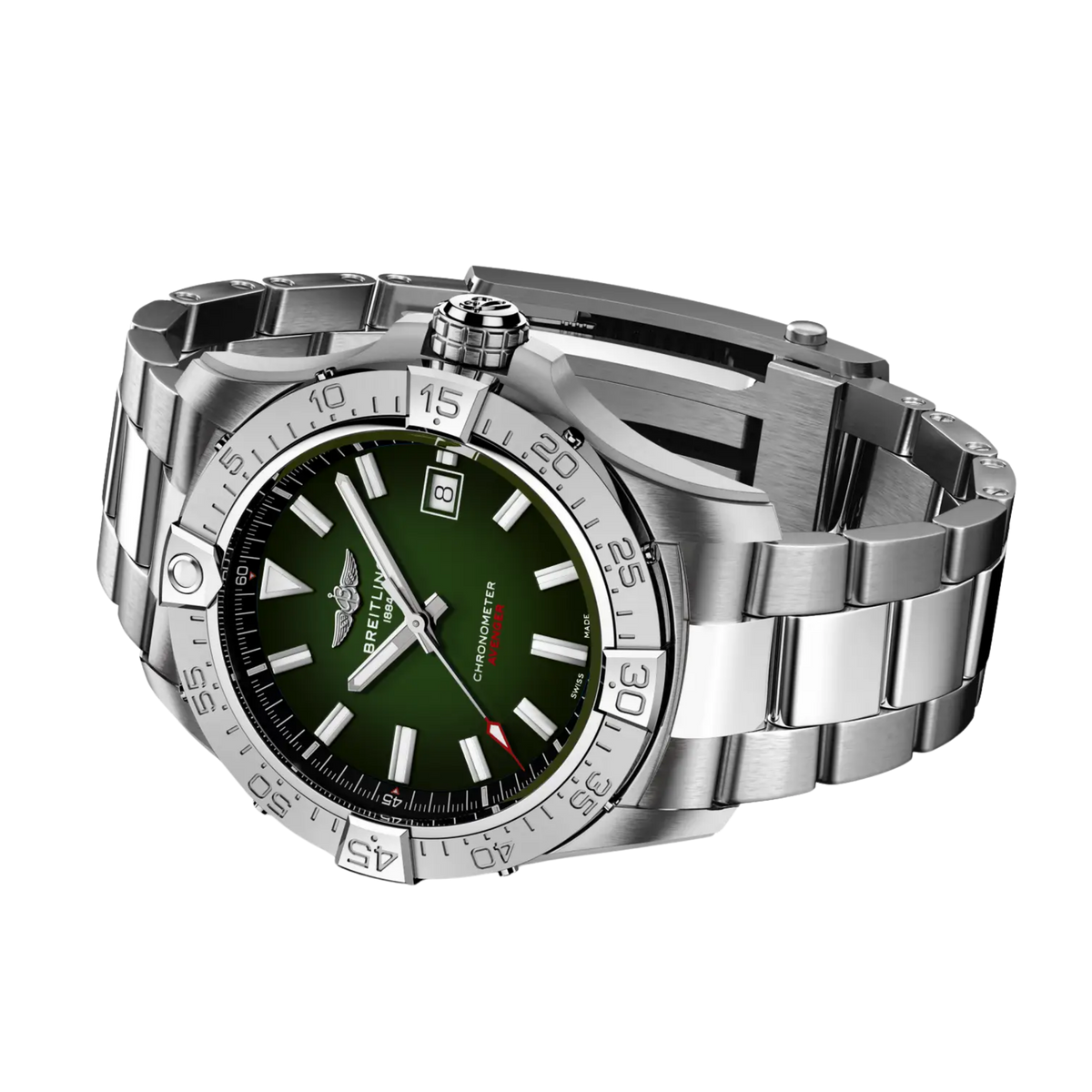 Housed within a satin-finished 42mm stainless steel case, the watch features a captivating green gradient lacquered dial that gradually darkens towards the edges, creating a striking sense of depth. Applied baton hour markers and hands enhanced with Super-LumiNova ensure excellent legibility, 