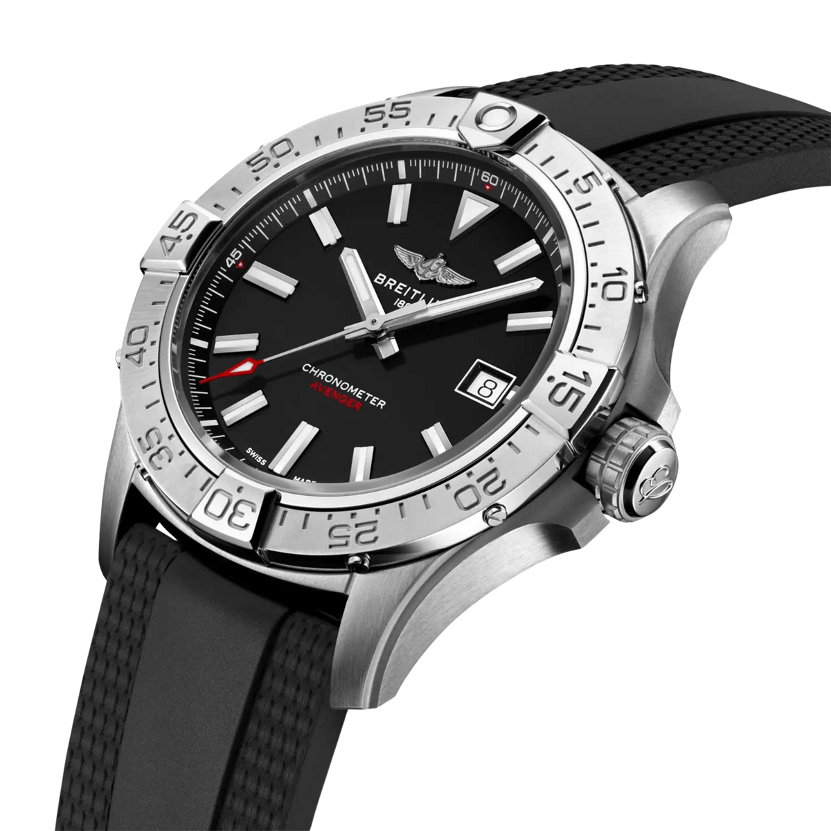 A close up view of the Breitling Avenger Automatic 42 Wings Capsule watch, featuring a black dial, Swiss automatic movement, rubber strap and 300m water resistance.