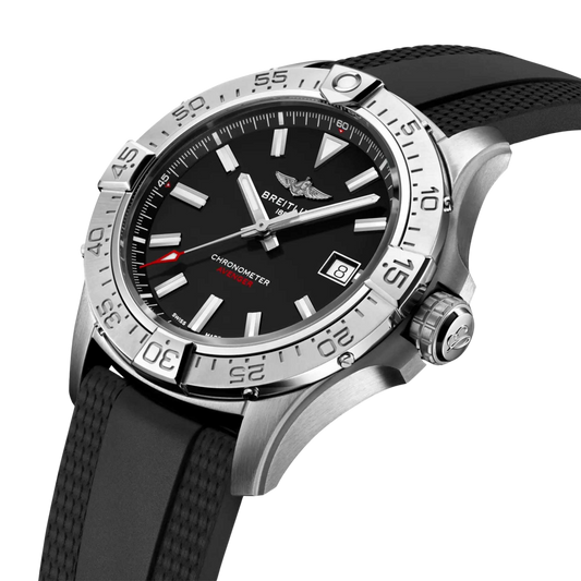 A close up view of the Breitling Avenger Automatic 42 Wings Capsule watch, featuring a black dial, Swiss automatic movement, rubber strap and 300m water resistance.
