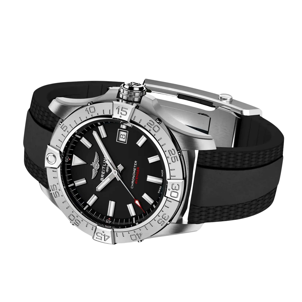 A wristwatch with a black dial, black rubber strap, and silver stainless steel case on a plain white background.