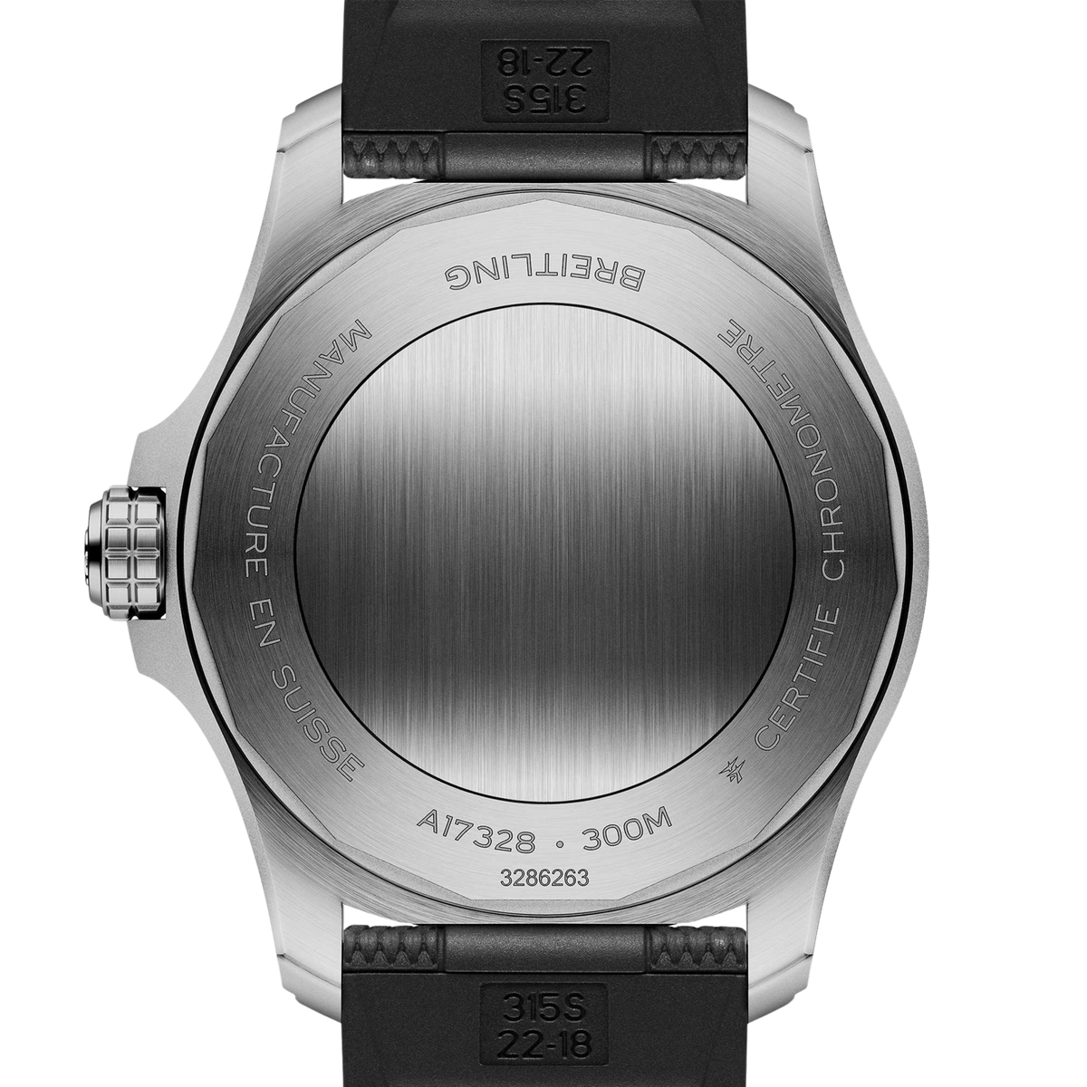 Close-up of the back of a Breitling watch with a brushed silver metal case and a black rubber strap, on a white background.