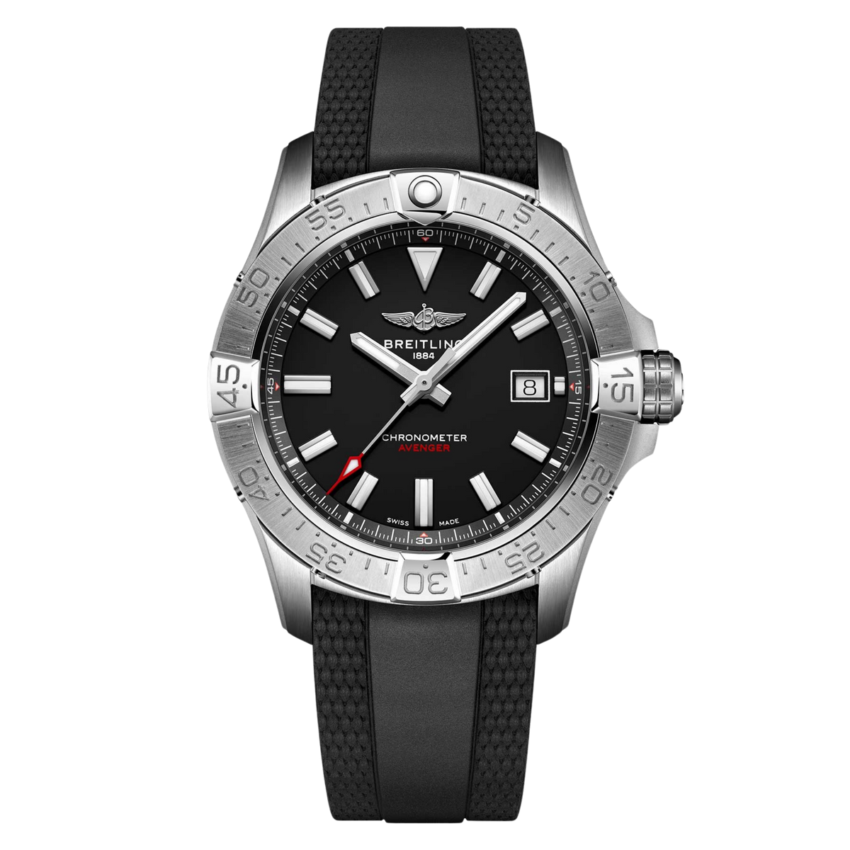 Breitling Avenger Automatic 42 Wings Capsule watch, featuring a black dial, Swiss automatic movement, rubber strap and 300m water resistance.