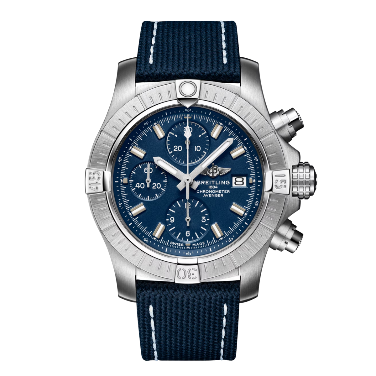 Breitling Avenger chronograph blue dial watch blue fabric strap stainless steel case
