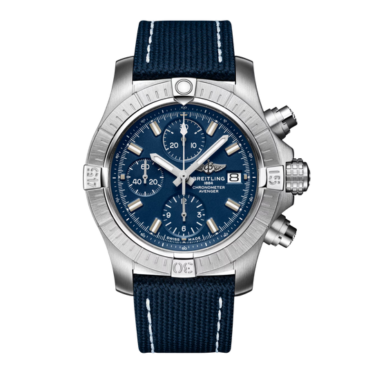 Breitling Avenger chronograph blue dial watch blue fabric strap stainless steel case
